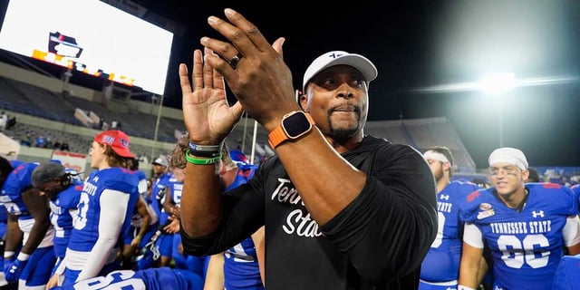 Tennessee State's head coach Eddie George claps after he and his players listened to the band play after they defeated UAPB 41-28 in the Southern Heritage Classic in Memphis, Tenn., on Saturday, September 14, 2024. Chris Day/The Commercial Appeal / USA TODAY NETWORK via Imagn Images
