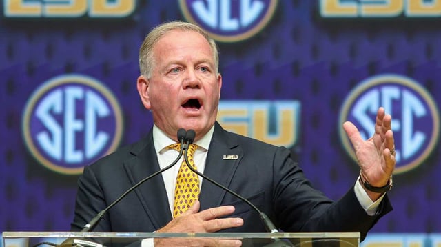 LSU Tigers head coach Brian Kelly talks to the media during SEC Media Day at Omni Atlanta Hotel. Mandatory Credit: Jordan Godfree-Imagn Images