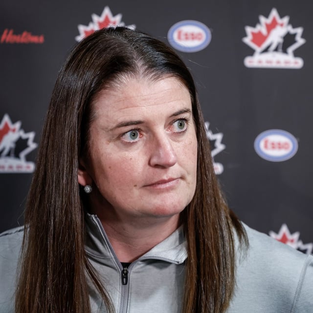Canada’s National Women’s Team general manager Gina Kingsbury speaks to the media at Hockey Canada’s National Teams orientation camp in Calgary, Thursday, Aug. 28, 2025. THE CANADIAN PRESS/Jeff McIntosh