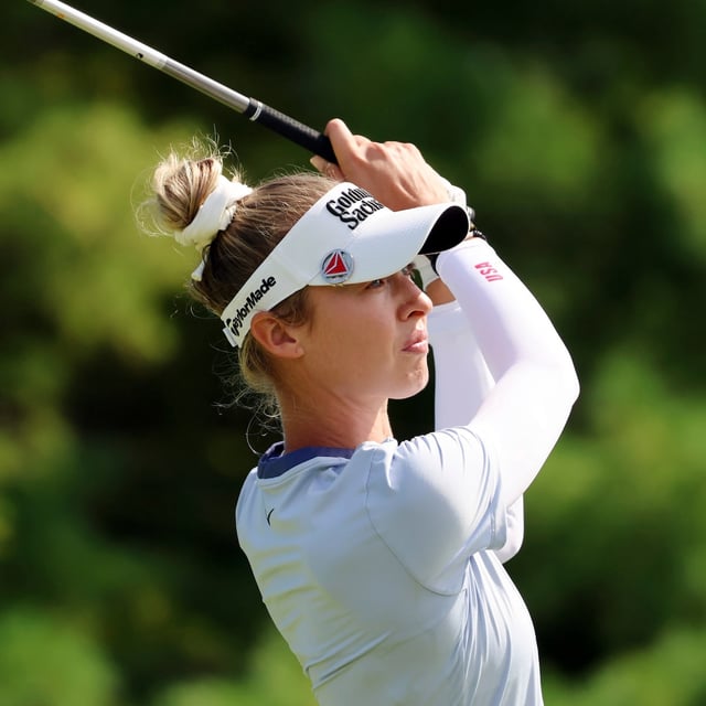 Nelly Korda hits from the third tee during the first round of the FM Championship LPGA golf tournament at TPC Boston, Thursday, Aug. 28, 2025, in Norton, Mass. (AP Photo/Michael Dwyer)