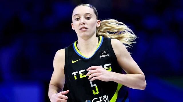 Aug 24, 2025; Arlington, Texas, USA; Dallas Wings guard Paige Bueckers (5) in action against the Golden State Valkyries during the second half at College Park Center. Mandatory Credit: Kevin Jairaj-Imagn Images