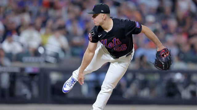 Aug 1, 2025; New York City, New York, USA; New York Mets relief pitcher Ryan Helsley (56) follows through on a pitch against the San Francisco Giants during the ninth inning at Citi Field. Mandatory Credit: Brad Penner-Imagn Images