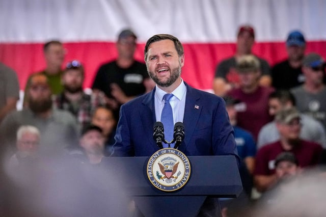 JD Vance speaks during an event at Mid-City Steel on Aug. 28, 2025, in La Crosse, Wis.