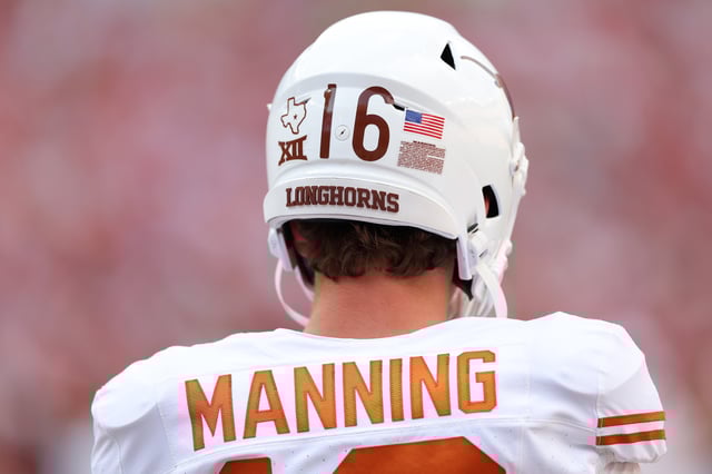 A close-up of the back of Arch Manning #16 of the Texas Longhorns prior to a game against the Alabama Crimson Tide at Bryant-Denny Stadium on September 09, 2023 in Tuscaloosa, Alabama.