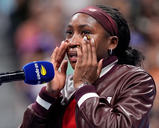 Aug 28, 2025; Flushing, NY, USA;  Coco Gauff (USA)after beating Donna Vekic (CRO) (not pictured) on day five of the 2025 U.S. Open tennis tournament at the USTA Billie Jean King National Tennis Center. Mandatory Credit: Robert Deutsch-Imagn Images