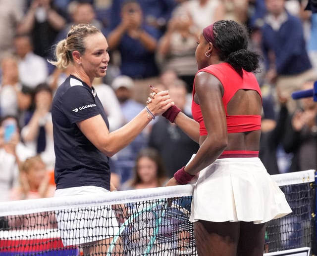 Aug 28, 2025; Flushing, NY, USA;  Coco Gauff (USA) (right) after beating Donna Vekic (CRO) on day five of the 2025 U.S. Open tennis tournament at the USTA Billie Jean King National Tennis Center. Mandatory Credit: Robert Deutsch-Imagn Images