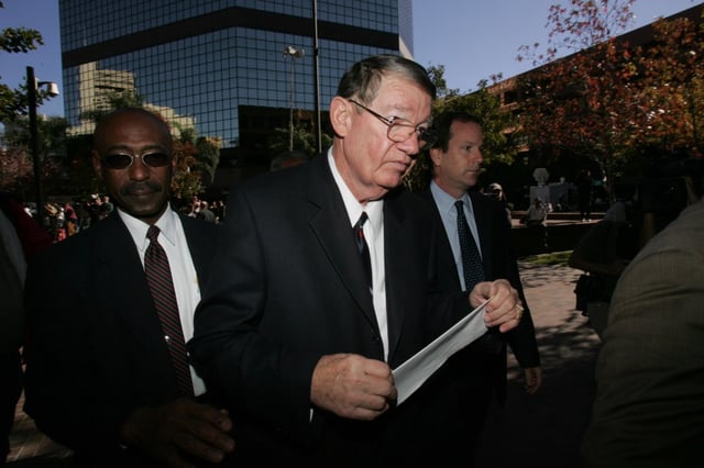 Former U.S. Rep. Randy “Duke” Cunningham addresses the media after pleading guilty to federal corruption charges in 2005. (John R. McCutchen/U-T San Diego)