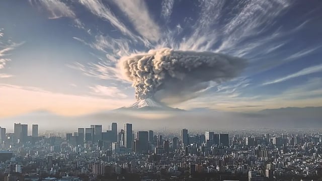Simulación por IA de la erupción del Monte Fuji.