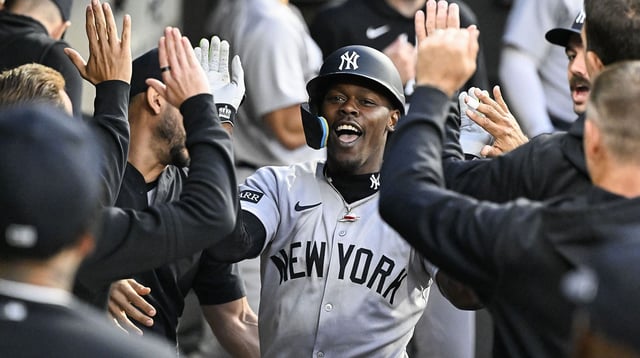 Aug 28, 2025; Chicago, Illinois, USA; New York Yankees second base Jazz Chisholm Jr. (13) celebrates in the dugout after hitting a home run during the second inning against the Chicago White Sox at Rate Field. Mandatory Credit: Matt Marton-Imagn Images