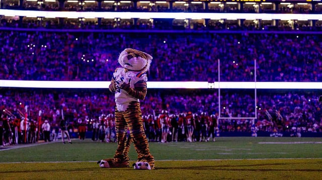 Sep 7, 2024; Baton Rouge, Louisiana, USA; LSU Tigers mascot Mike the Tiger performs for fans during a time out against the Nicholls State Colonels during the second half at Tiger Stadium. Mandatory Credit: Stephen Lew-Imagn Images.
