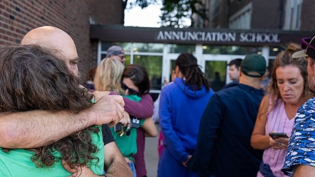 Parents await news during an active shooter situation at the Annunciation Church in Minneapolis, Minn., on Wednesday, Aug. 27, 2025.] (Photo by RICHARD TSONG-TAATARII/The Star Tribune via Getty Images)