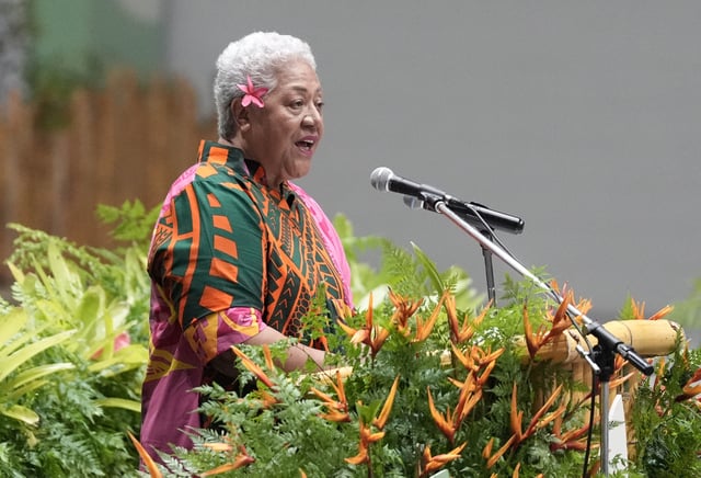 Samoan Prime Minister Afioga Fiame Naomi Mata'afa speaks at a Welcome Reception and State Banquet at Apia Park during the Commonwealth Heads of Government Meeting in Samoa. Picture date: Thursday October 24, 2024. Stefan Rousseau/Pool via REUTERS/File Photo