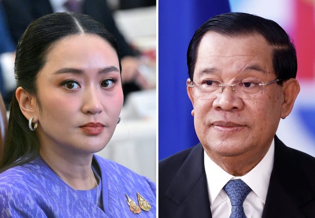 Cette combinaison de photos créée le 27 juin 2025 montre la Première ministre de Thaïlande suspendue Paetongtarn Shinawatra (à gauche)à Hanoï le 16 mai 2025, et l'ex-Premier ministre du Cambodge Hun Sen (à droite) à Bruxelles le 14 décembre 2022