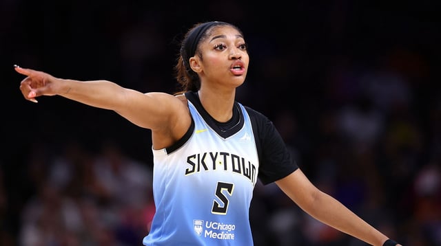 Aug 28, 2025; Phoenix, Arizona, USA; Chicago Sky forward Angel Reese (5) reacts against the Phoenix Mercury in the first half at Phx Arena. Mandatory Credit: Mark J. Rebilas-Imagn Images