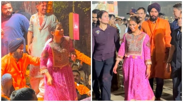 Radhika Merchant attends Ganpati Visarjan celebrations. 
