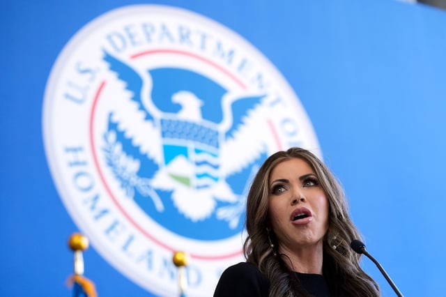 Homeland Security Secretary Kristi Noem delivers remarks to staff at the Department of Homeland Security headquarters in Washington, DC, on January 28.