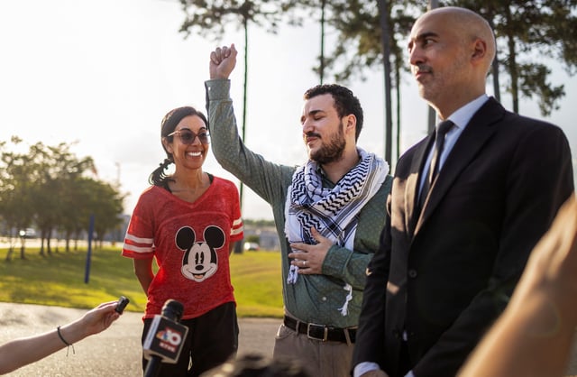Columbia University graduate Mahmoud Khalil speaks to media after being released from immigration custody in Jena, Louisiana, U.S. June 20, 2025.