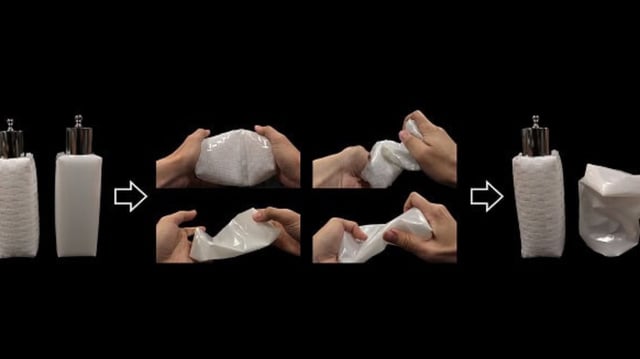 Two 25 gram plastic rectangular boxes, one woven and one a continuous sheet, each hold a 500 gram weight. Center, Axial buckling: Hands crush each box, compressing it inward. Center, Torsional buckling: Hands twist each box. Right, After: The woven box is the same shape as before, holding a 500 gram weight. The continuous box is deformed, unable to hold the weight.