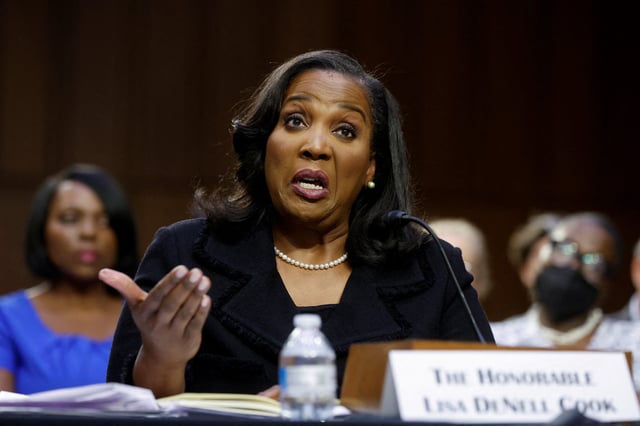 Lisa Cook testifies before a Senate Banking Committee hearing on her nomination to be a member of the Federal Reserve Board of Governors (for a second term), on Capitol Hill in Washington on June 21, 2023.