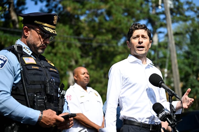 Minneapolis Mayor Jacob Frey speaks to the media following a mass shooting at Annunciation Catholic School on August 27, 2025 in Minneapolis, Minnesota.