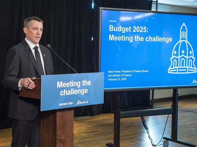  Alberta Minister of Finance Nate Horner at a pre-budget 2025 presser at the Queen Elizabeth II Building in Edmonton on Feb. 27, 2025.
