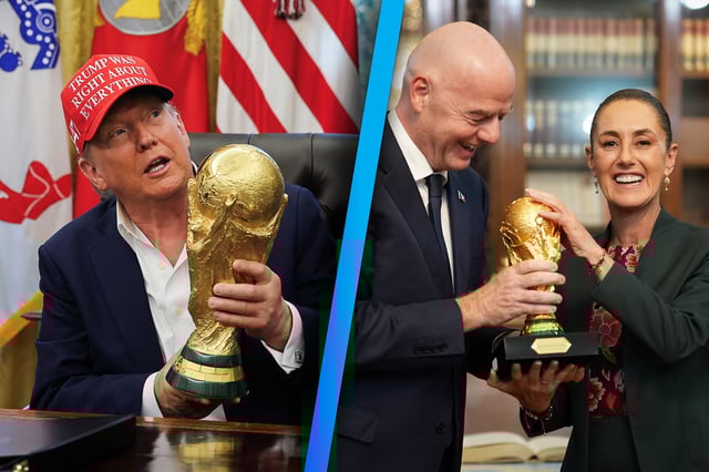 Doandl Trump sostiene la Copa Mundial original de la FIFA, mientras Claudia Sheinbaum recibe una replica de las manos de Gianni Infantino. (Fotos: Reuters / @Claudiashein)