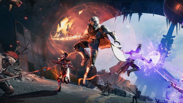 Destiny: Rising codes - Key art for the game showing three Guardians using their abilities as they leap into a fight against Fallen.
