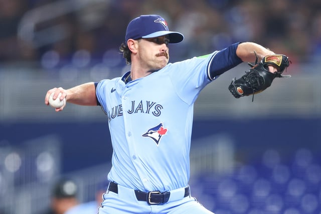 MIAMI, FLORIDA - AUGUST 22: Shane Bieber #57 of the Toronto Blue Jays pitches against the Miami Marlins in the first inning at loanDepot park on August 22, 2025 in Miami, Florida.