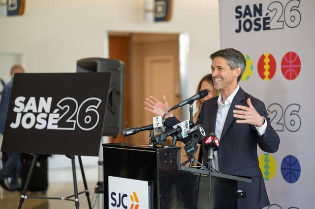 San Jose Mayor Matt Mahan speaks at a press conference at Mineta International Airport about preparations for the major sporting events coming to Silicon Valley in 2026. (Devan Patel/Bay Area News Group)