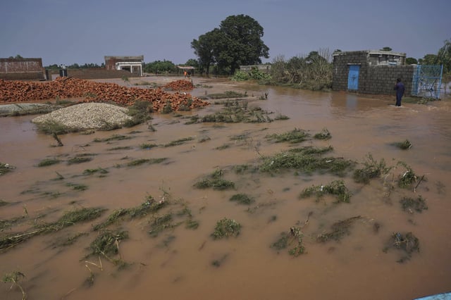 A villager wades through a flooded area after torrential rains on the outskirts of Sodhra town, in Wazirabad district, Pakistan, Thursday, Aug. 28, 2025. (AP Photo/A. Rizvi)