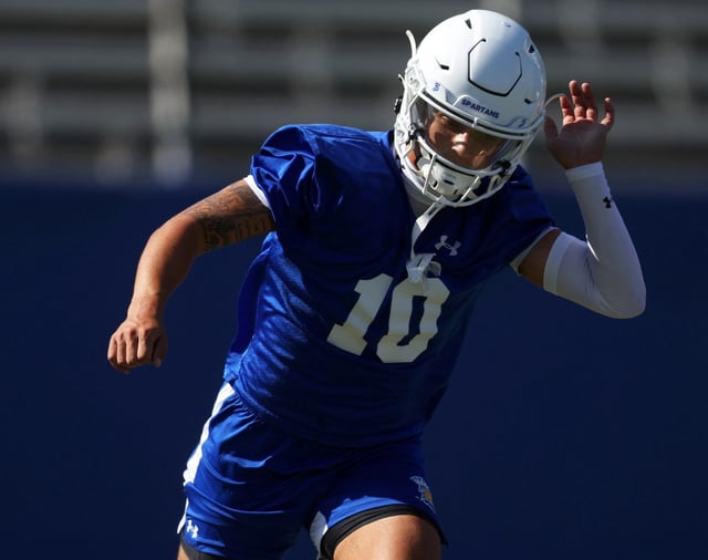 San Jose State University wide receiver Danny Scudero (10) takes part in football practice on Wednesday, July 30, 2025, in San Jose, Calif.  (Aric Crabb/Bay Area News Group)