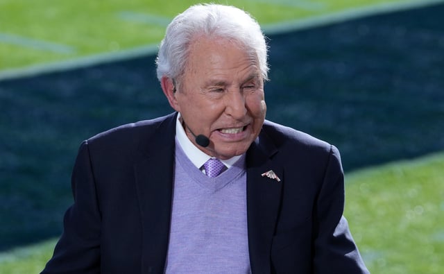 Lee Corso speaks on the ESPN "College GameDay" set ahead of the 2024 Rose Bowl between Alabama and Michigan.