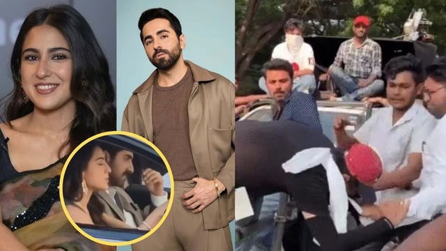 Ayushmann Khurrana and Sara Ali Khan; (inset) during the shooting and (right) grab from the assualt