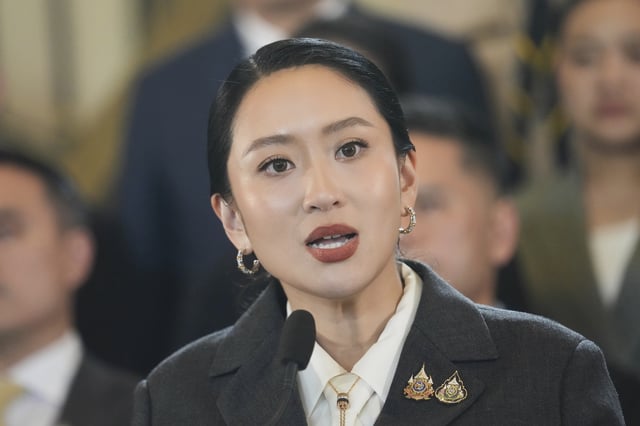 Thailand's suspended Prime Minister Paetongtarn Shinawatra speaks to the media during a press conference after her dismissal, in Bangkok, Thailand, Friday, Aug. 29, 2025. (AP Photo/Sakchai Lalit)