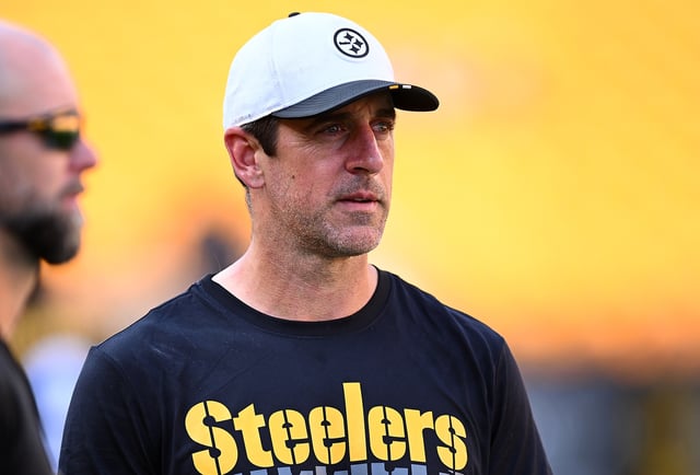 PITTSBURGH, PENNSYLVANIA - AUGUST 16: Aaron Rodgers #8 of the Pittsburgh Steelers looks on prior to the NFL Preseason 2025 game against the Tampa Bay Buccaneers at Acrisure Stadium on August 16, 2025 in Pittsburgh, Pennsylvania, United States. (Photo by Joe Sargent/Getty Images)