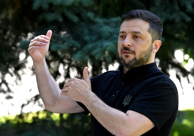 Ukraine's President Volodymyr Zelensky holds a press-conference outside Mariyinsky Palace in Kyiv on August 29, 2025, amid Russian invasion in Ukraine.