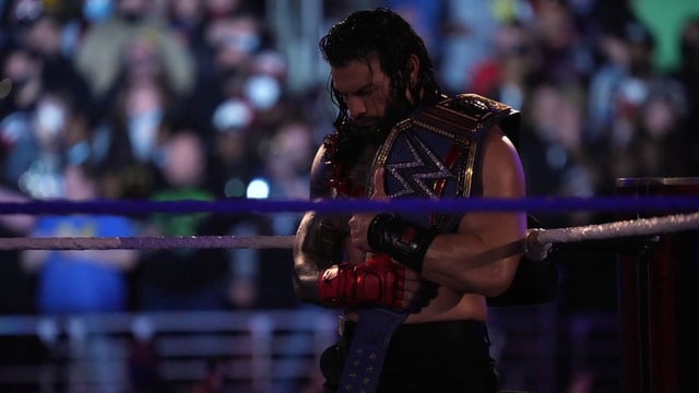 Jan 29, 2022; St. Louis, MO, USA; Roman Reigns during the Royal Rumble The Dome at America's Center. Mandatory Credit: Joe Camporeale-Imagn Images.