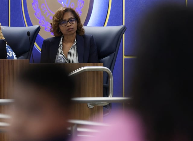 Macquline King, interim superintendent of Chicago Public Schools, listens during a board meeting at CPS headquarters on Aug. 28, 2025. (John J. Kim/Chicago Tribune)