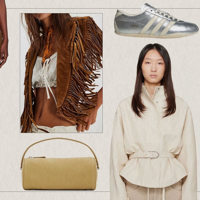 Collage of suede skirt, fringe jacket, beige bag, metallic adidas sneakers, white zip up jacket, and cuffed jeans