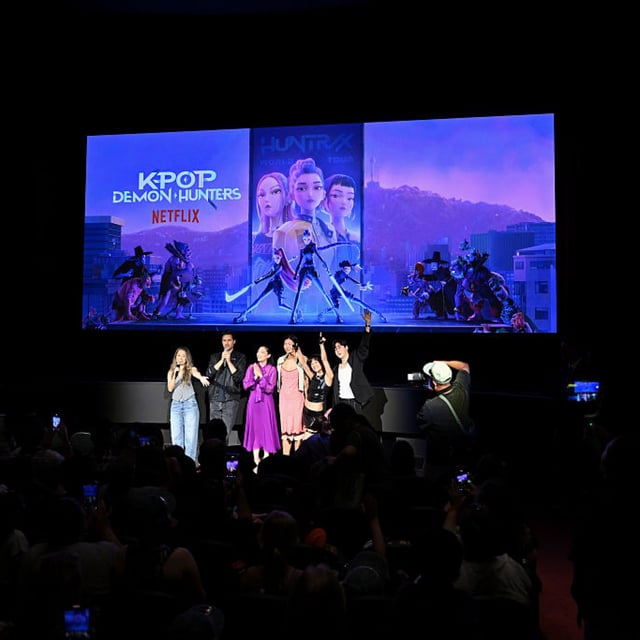 (L-R) Maggie Kang, Chris Appelhans, Arden Cho, May Hong, REI AMI and Kevin Woo attend the KPop Demon Hunters A Sing-Along Event fan surprise at Paris Theater on August 23, 2025 in New York City.