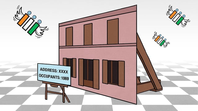 An illustration of an imaginary house with merely its wall and 1,069 inhabitants.