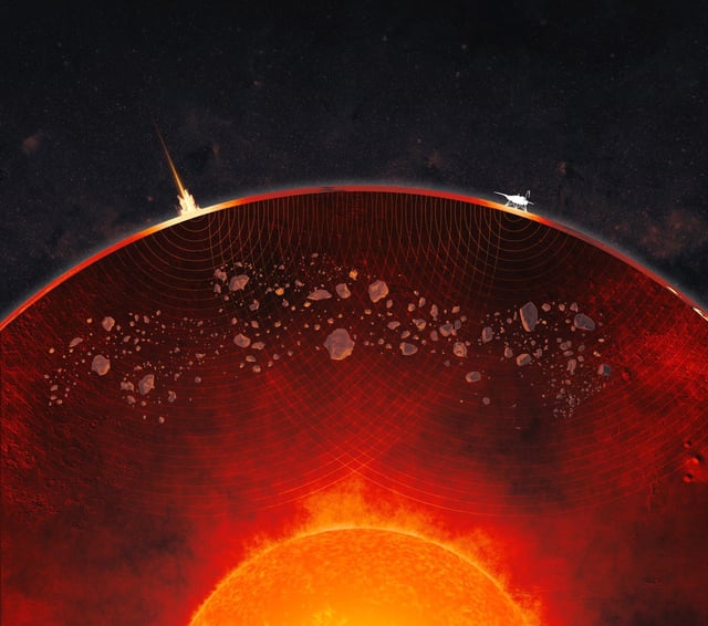 A cutaway view of Mars in this artist’s concept (not to scale) reveals debris from ancient impacts scattered through the planet’s mantle.
