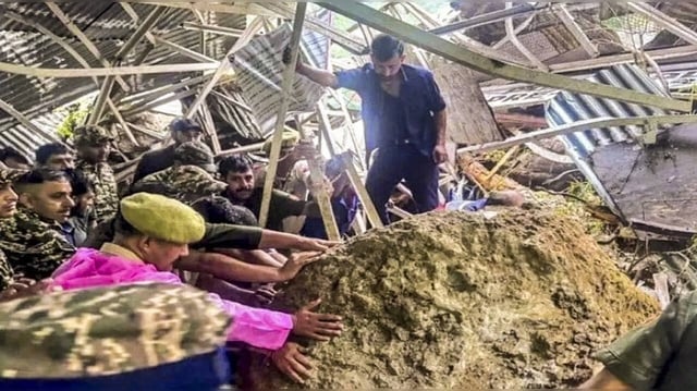 ​Security personnel at the site after landslide hit Katra (Image: PTI) ​