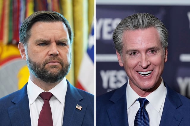 Left: JD Vance listens as Donald Trump holds an executive order signing ceremony in the Oval Office Right: California Gov. Gavin Newsom answers questions after signing legislation calling for a special election on a redrawn congressional map