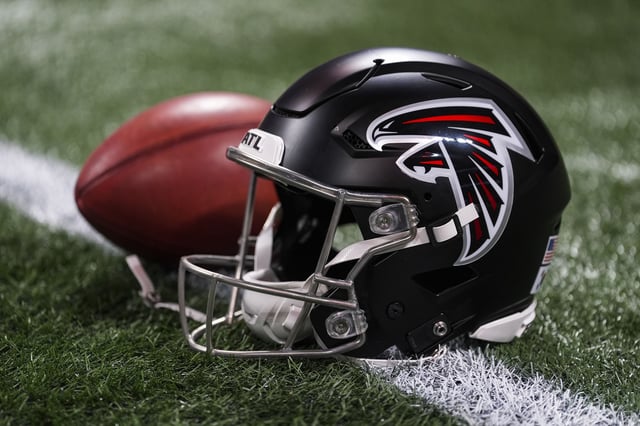 ATLANTA, GEORGIA - AUGUST 15: Detail view of an Atlanta Falcons helmet prior to an NFL preseason football game against the Tennessee Titans at Mercedes-Benz Stadium on August 15, 2025 in Atlanta, Georgia. (Photo by Perry Knotts/Getty Images)