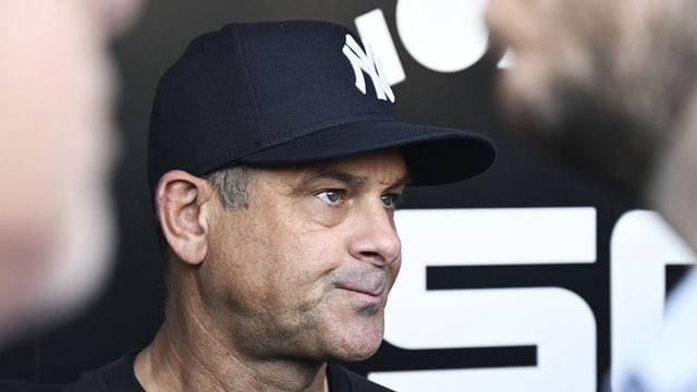 Aug 28, 2025; Chicago, Illinois, USA; New York Yankees manager Aaron Boone speaks tot he media before the team’s game against the Chicago White Sox at Rate Field. Mandatory Credit: Matt Marton-Imagn Images