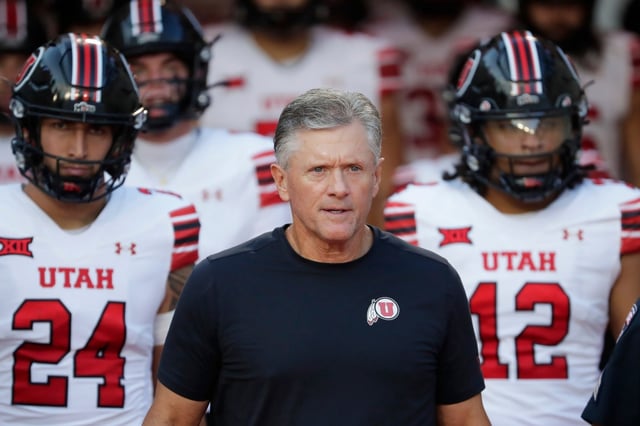 Utah head coach Kyle Whittingham, center, leads his team onto the field before a game against Houston on Oct. 26, 2024, in Houston. (AP Photo/Michael Wyke, File)