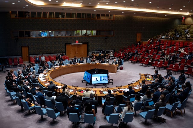 Representatives attend a meeting of the UN Security Council on the Israel-Palestinian conflict at the UN Headquarters in New York on August 27, 2025.