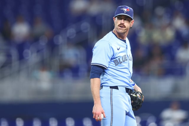 MIAMI, FLORIDA - AUGUST 22: Shane Bieber #57 of the Toronto Blue Jays looks on against the Miami Marlins in the first inning at loanDepot park on August 22, 2025 in Miami, Florida.