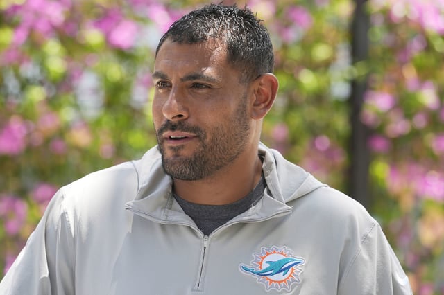 Miami Dolphins outside linebackers coach Ryan Crow speaks at the team's practice facility on June 5, 2024.